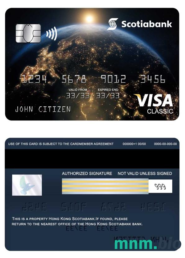 Hong Kong Scotiabank visa klasyczny karta przykład w formacie PSD